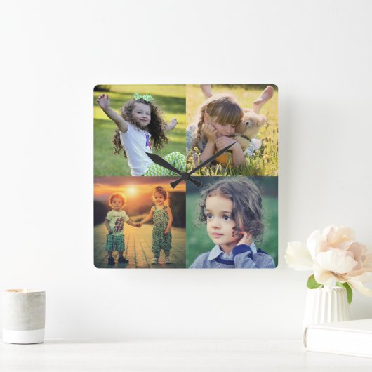 家族の写真のコラージュを作成する スクエア壁時計 (ホーム)
