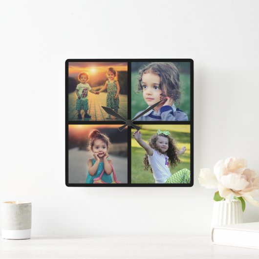 家族の写真のコラージュを作成する スクエア壁時計 (ホーム)