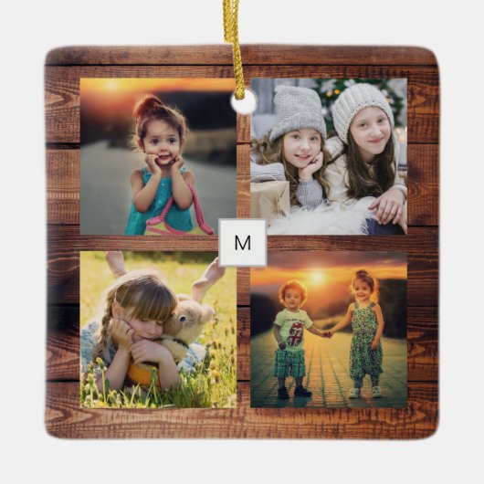 家族の写真のコラージュを作成モノグラムの セラミックオーナメント (正面)