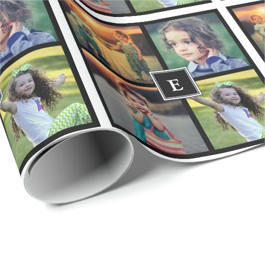 家族の写真のコラージュを作成モノグラムの ラッピングペーパー (ロールコーナー)