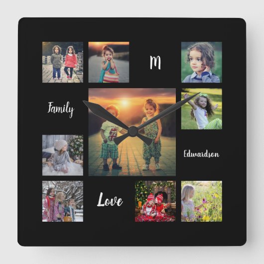 家族の写真のコラージュを作成ユニーク スクエア壁時計 (正面)