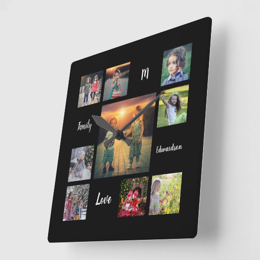 家族の写真のコラージュを作成ユニーク スクエア壁時計 (傾斜)