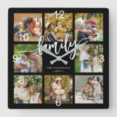 家族の写真のコラージュモダンスクリプト黒 スクエア壁時計 (正面)