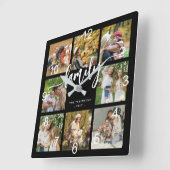 家族の写真のコラージュモダンスクリプト黒 スクエア壁時計 (傾斜)