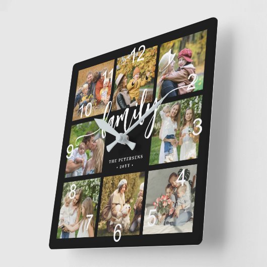 家族の写真のコラージュモダンスクリプト黒 スクエア壁時計 (傾斜)