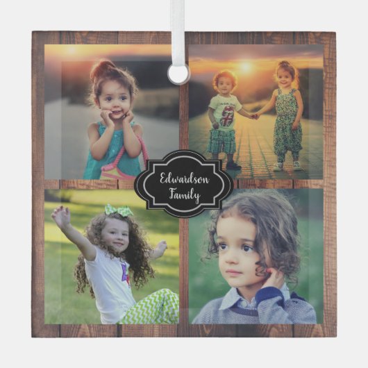 家族の写真のコラージュモノグラムの ガラスオーナメント (正面)