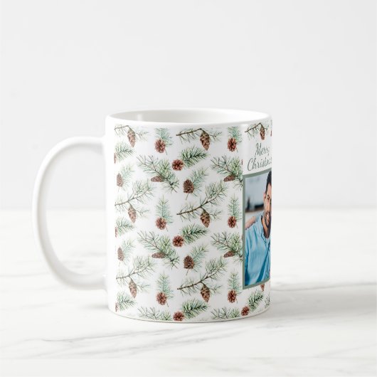 家族の写真のコーンは緑のクリスマスを松 コーヒーマグカップ (左)