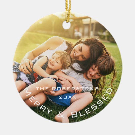 家族の写真のモダンクリスマス セラミックオーナメント (正面)