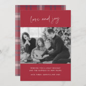 家族の写真の愛と喜び赤い格子模様クリスマスカード シーズンカード (正面/裏面)