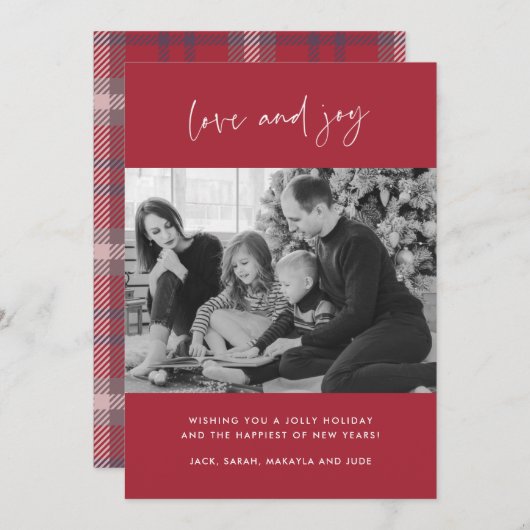 家族の写真の愛と喜び赤い格子模様クリスマスカード シーズンカード (正面/裏面)