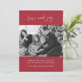 家族の写真の愛と喜び赤い格子模様クリスマスカード シーズンカード (スタンド正面)