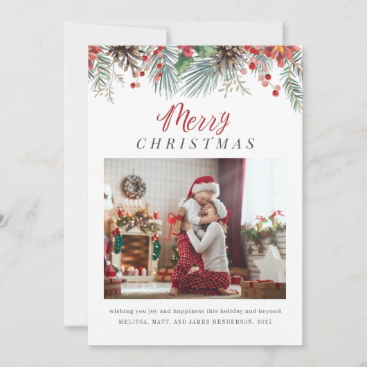 家族の写真の格子模様メリークリスマスレッドギンガム シーズンカード (正面)