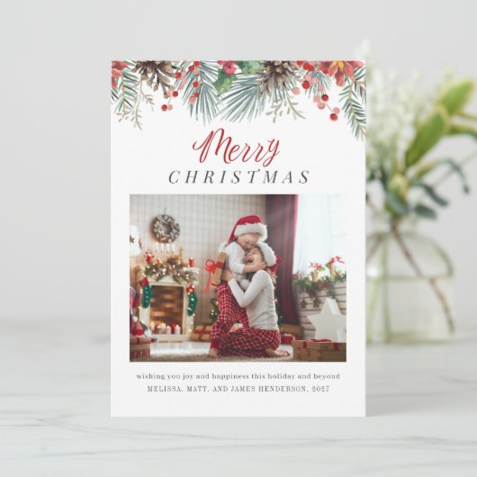 家族の写真の格子模様メリークリスマスレッドギンガム シーズンカード (スタンド正面)