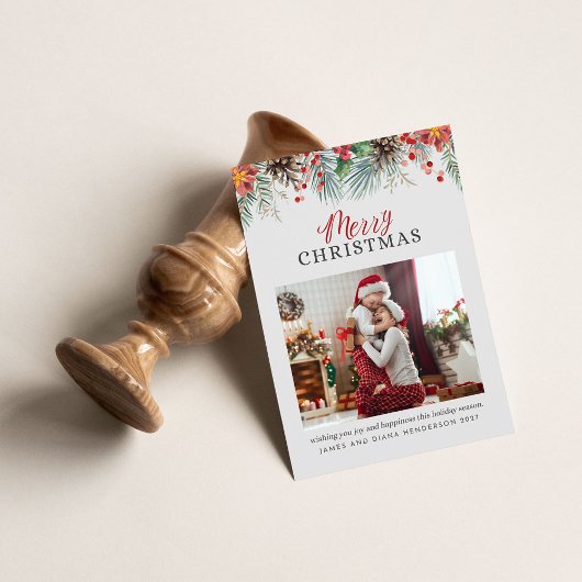 家族の写真の格子模様メリークリスマスレッドギンガム シーズンカード