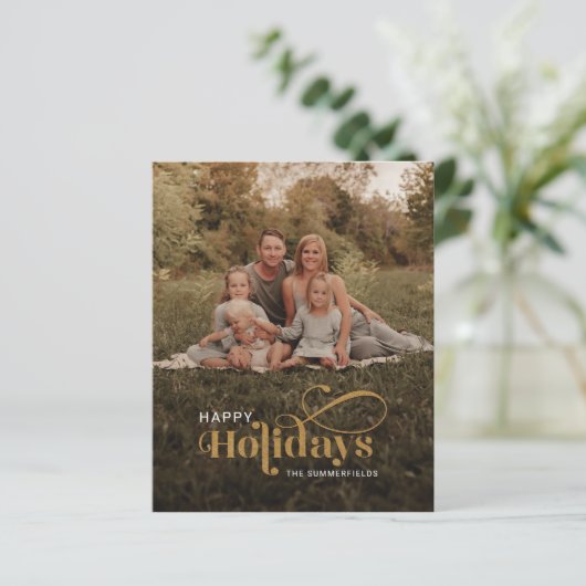 家族の写真の格子雪の結晶クリスマスカード (スタンド正面)