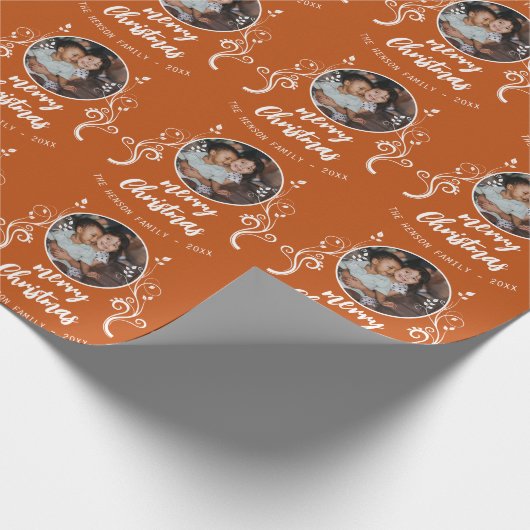 家族の写真の白い葉メリークリスマス ラッピングペーパー (角)