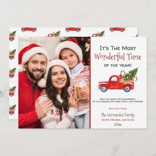 家族の写真の素晴らしい時間レッドクリスマストラック シーズンカード (正面/裏面)