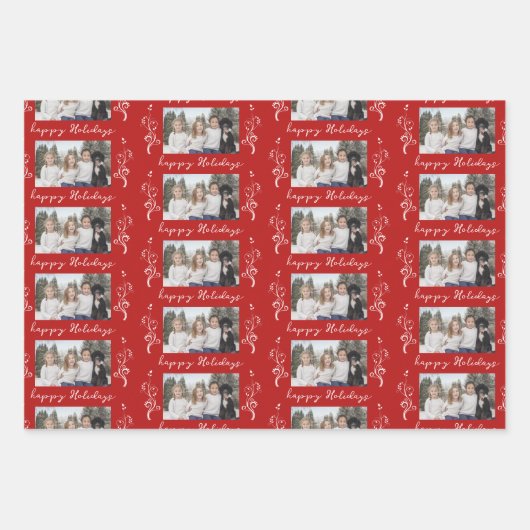 家族の写真の葉クリスマスハッピーホリデーレッド ラッピングペーパーシート (正面3)