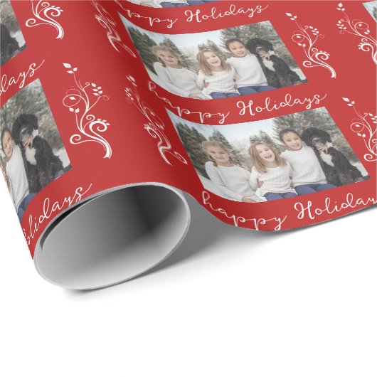 家族の写真の葉クリスマスハッピーホリデーレッド ラッピングペーパー (ロールコーナー)