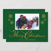家族の写真の雪の結晶グリーンクリスマスカード シーズンカード (正面/裏面)
