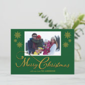 家族の写真の雪の結晶グリーンクリスマスカード シーズンカード (スタンド正面)