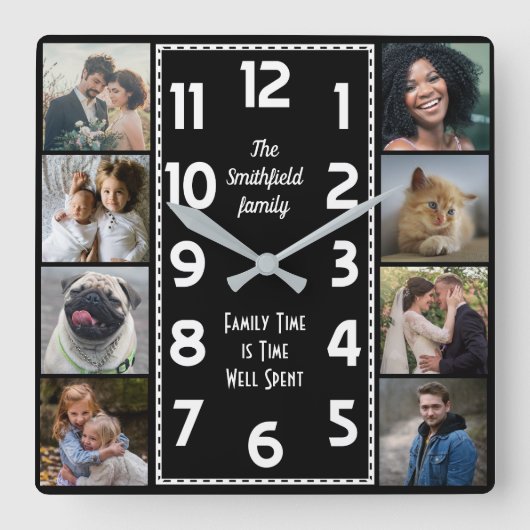 家族の写真を飾ったモノクロアートデコ時計の簡単テンプレート スクエア壁時計 (正面)