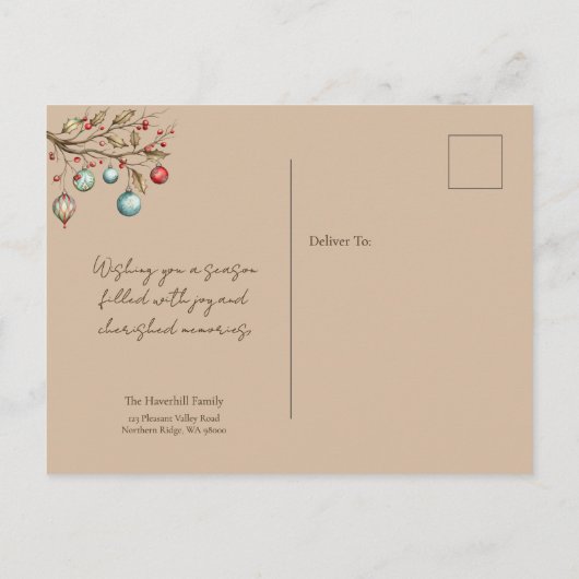 家族の写真エレガントスクリプト水の色クリスマス シーズンポストカード (裏面)