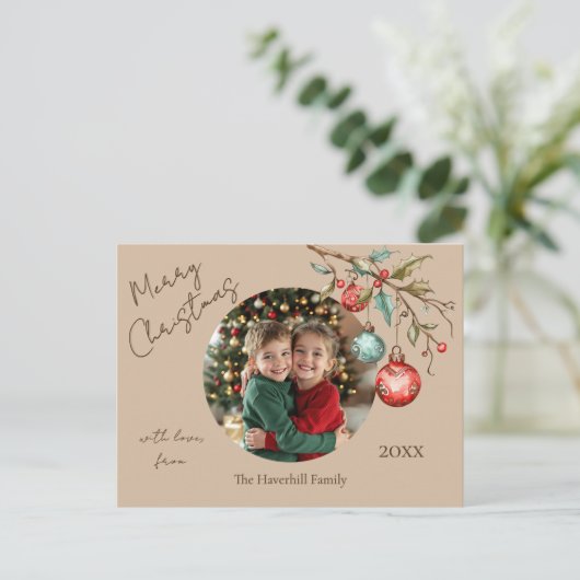 家族の写真エレガントスクリプト水の色クリスマス シーズンポストカード (スタンド正面)