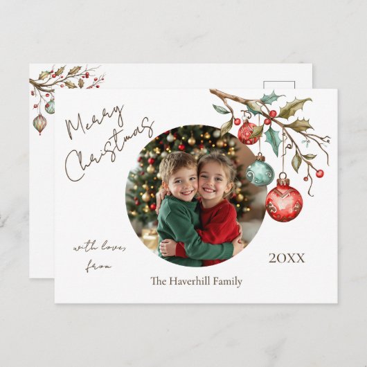家族の写真エレガントスクリプト水の色クリスマス シーズンポストカード (正面/裏面)