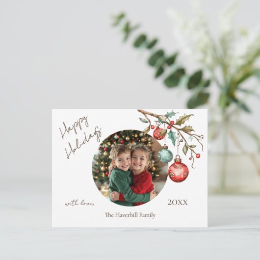 家族の写真エレガントスクリプト水の色ハッピー シーズンポストカード (スタンド正面)