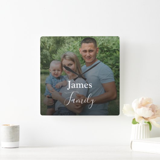 家族の写真カスタムの大きなスクリプトの正方形の時計 スクエア壁時計 (ホーム)