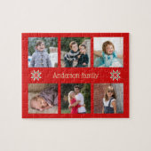 家族の写真カスタム文字レッドフレームクリスマス ジグソーパズル (横)