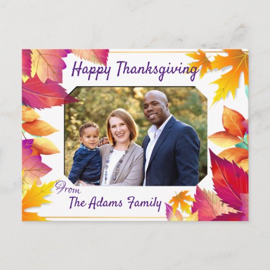 家族の写真カラフル葉感謝祭 シーズンポストカード (正面)
