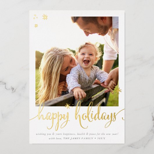家族の写真クリスマスおもしろい書幸せ 箔シーズンカード (正面)