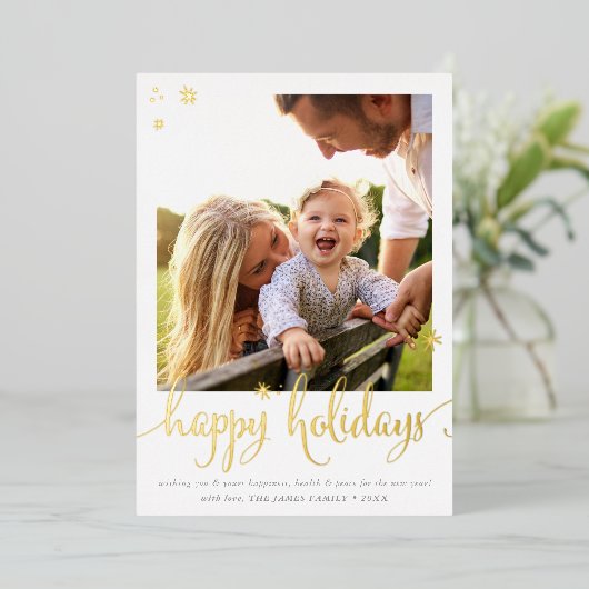 家族の写真クリスマスおもしろい書幸せ 箔シーズンカード (立ち正面)
