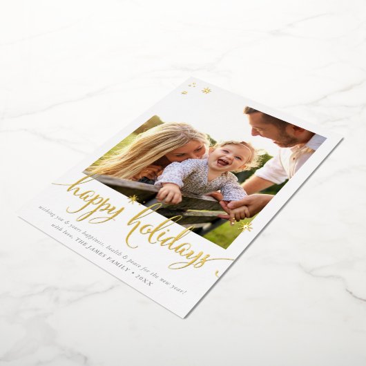 家族の写真クリスマスおもしろい書幸せ 箔シーズンカード (回転した状態)