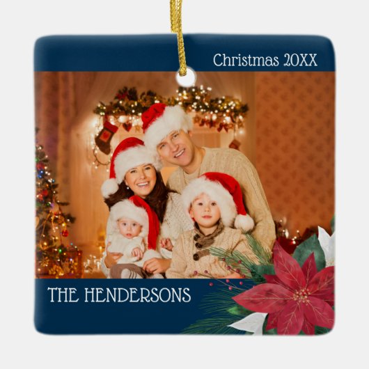 家族の写真クリスマスオーナメントポインセチア セラミックオーナメント (正面)