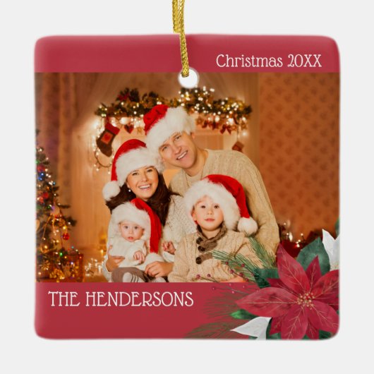 家族の写真クリスマスオーナメントポインセチア セラミックオーナメント (正面)