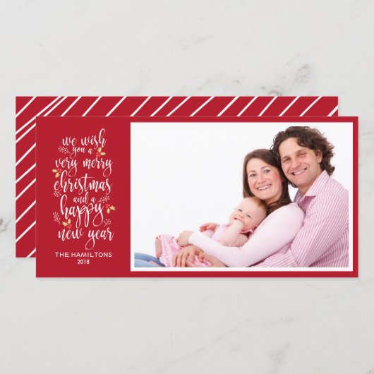 家族の写真クリスマスカードかわいい赤い白のスクリプト シーズンカード (正面/裏面)