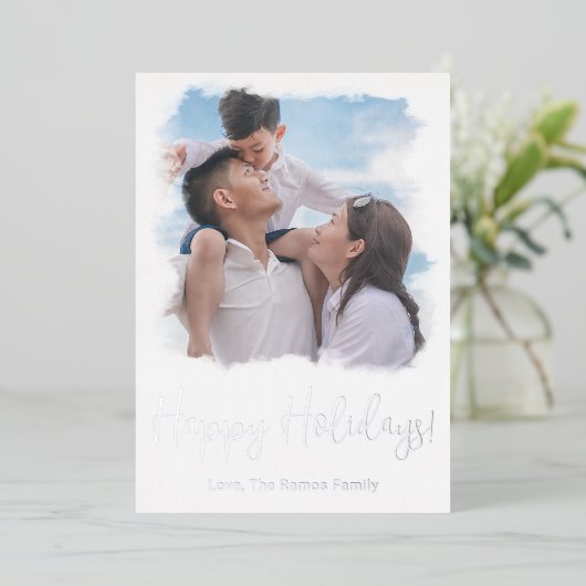 家族の写真クリスマスカード水色テンプレート 箔シーズンカード (立ち正面)