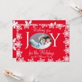 家族の写真クリスマスカード赤い白い雪の結晶H カード (正面/裏面インサイチュ)