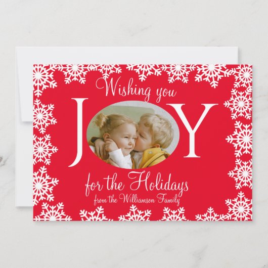 家族の写真クリスマスカード赤い白い雪の結晶V カード (正面)