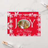 家族の写真クリスマスカード赤い白い雪の結晶V カード (正面/裏面インサイチュ)