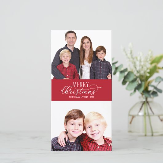 家族の写真クリスマスカード2写真シックなスクリプト シーズンカード (スタンド正面)