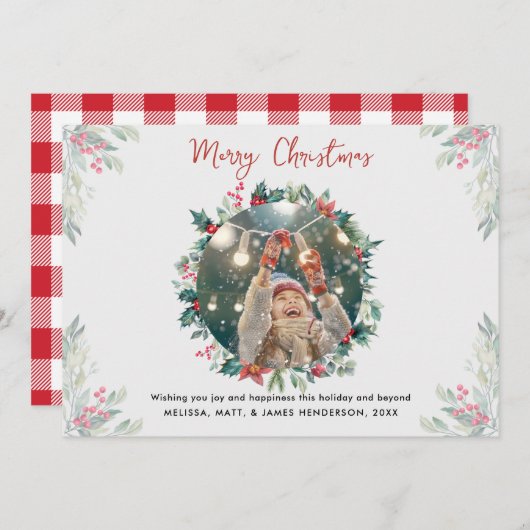 家族の写真クリスマススタイリッシュの格子模様 シーズンカード (正面/裏面)
