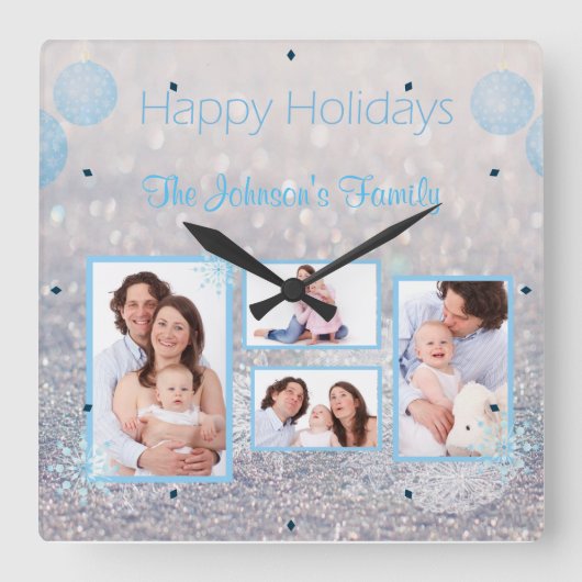 家族の写真クリスマススノーウィー スクエア壁時計 (正面)
