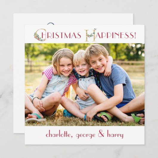 家族の写真クリスマスハピネスフラットホリデーカード シーズンカード (正面/裏面)