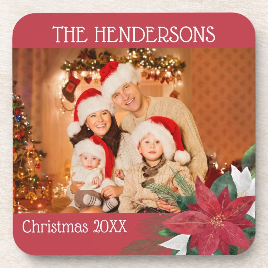家族の写真クリスマスポインセチア コースター (正面)