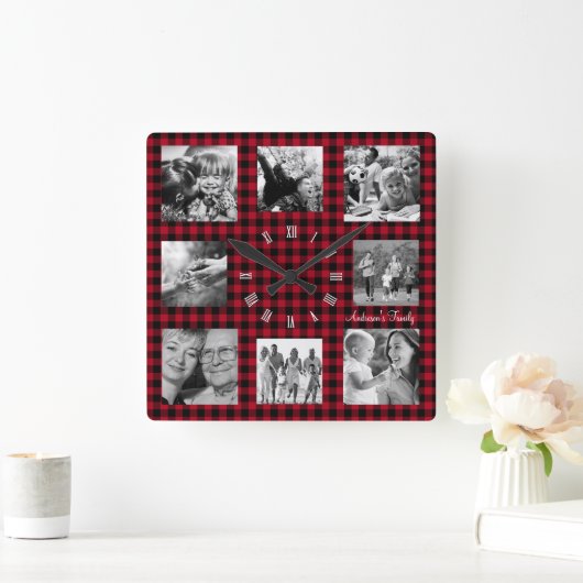 家族の写真クロック, 8枚の写真のコラージュ, バッファロープレイド スクエア壁時計 (ホーム)