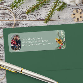 家族の写真グリーンホリーパインクリスマスアドレス ラベル